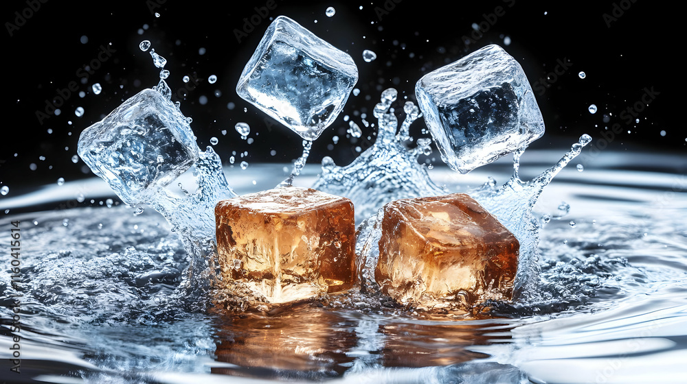 Aufkleber ice cubes splashing into water with dynamic motion and refreshing energy on black background