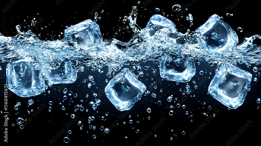 Poster ice cubes splashing and floating in water with bubbles on a black background.