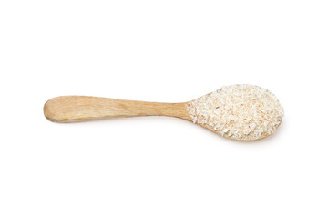 Top view of Psyllium husk powder on wooden spoon isolated on white background. It's used as a laxative to treat constipation