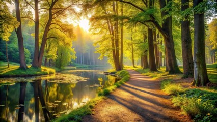 Serene Pathway Winding Through a Sun-Drenched Forest Beside a Calm River Reflecting the Golden Hour Light