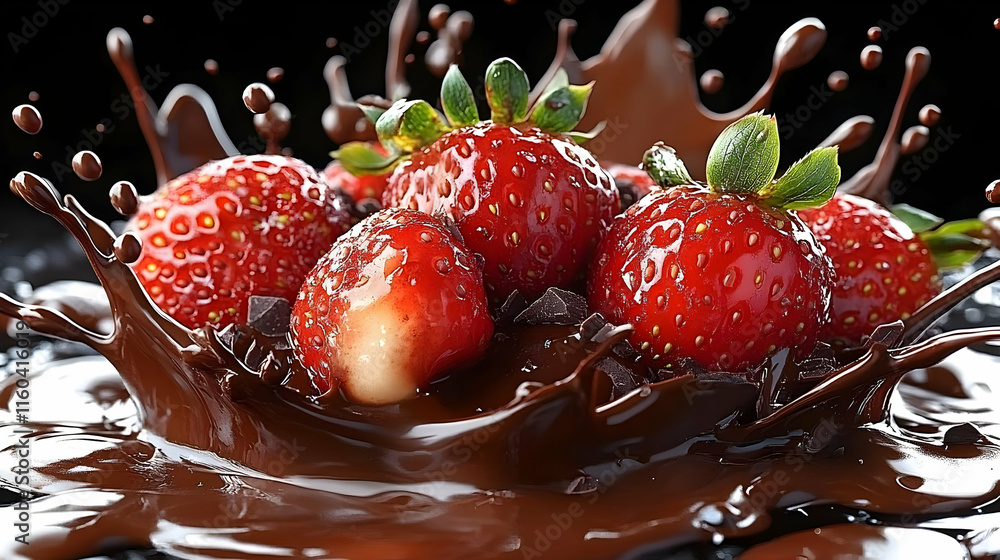 Poster ripe strawberries splashed with melted chocolate dynamically on a dark background