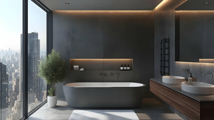 Modern Bathroom Interior Design Showcases a Luxurious Bathtub with City View