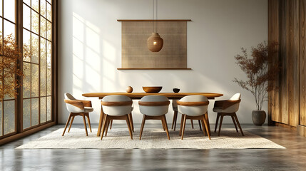 Minimalist Dining Room Interior Design Showcases Wooden Furniture and Neutral Colors with Natural Light.