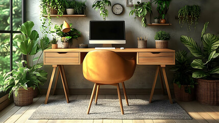 Home Office with Plants, Computer, Desk, Chair, and Rug Creates a Tranquil Workspace