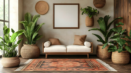 Modern living room showcases a white sofa, woven baskets, plants, and a rug with a blank frame.