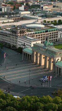 Aerial View of Brandenburg Gate (Brandenburger Tor) in the morning sunrise  - monument in Berlin, Capital of Germany