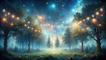 Obraz premium Enchanted Forest at Night String Lights Adorn Trees Under a Starry Sky, Creating a Magical Atmosphere