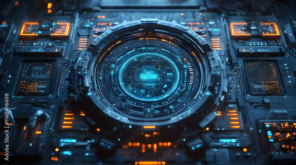 Poster futuristic interface with glowing circular patterns and intricate circuitry.