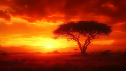 Lone Tree Stands Majestically in the Fiery African Sunset Across the Savannah Grassland