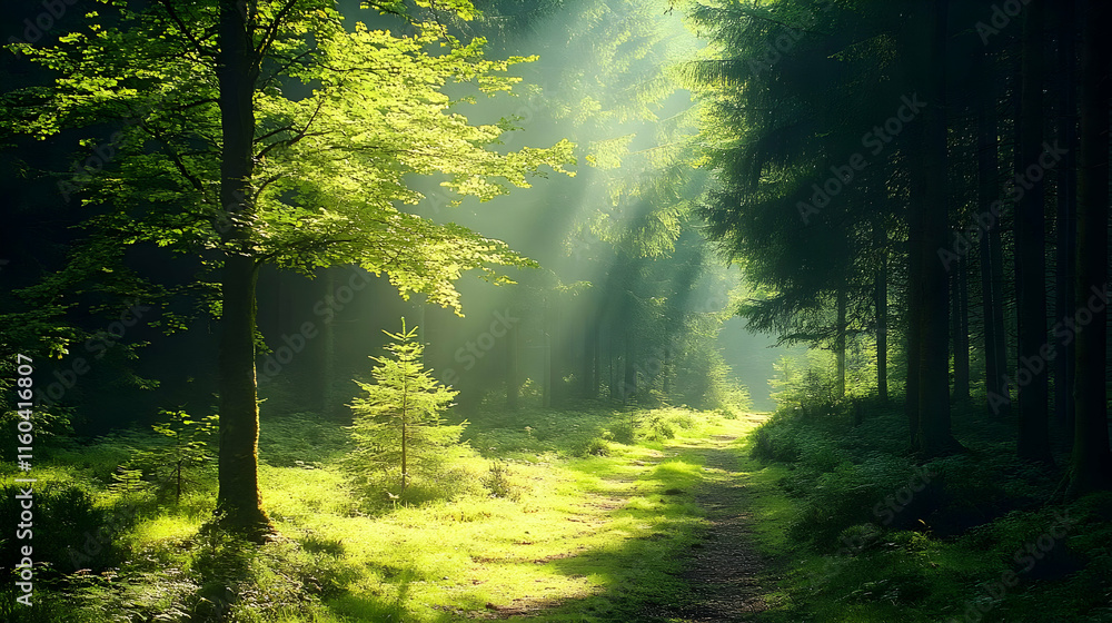 Poster sunlit forest path winds through lush greenery, creating a magical atmosphere of tranquility and won
