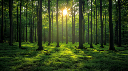 Obraz premium Sunbeams illuminate a lush green forest floor, creating a magical atmosphere of tranquility.