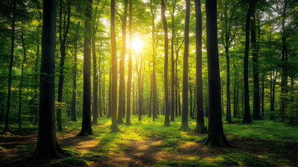 Obraz premium Sunlight filters through lush green trees in a peaceful forest, creating a magical ambiance.