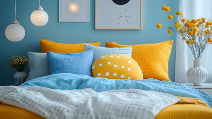 Stylish Bedroom Interior Design with Blue and Yellow Bedding and Pillows