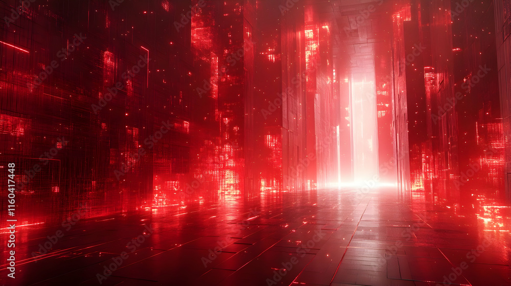 Poster a futuristic corridor filled with glowing red digital patterns and light.