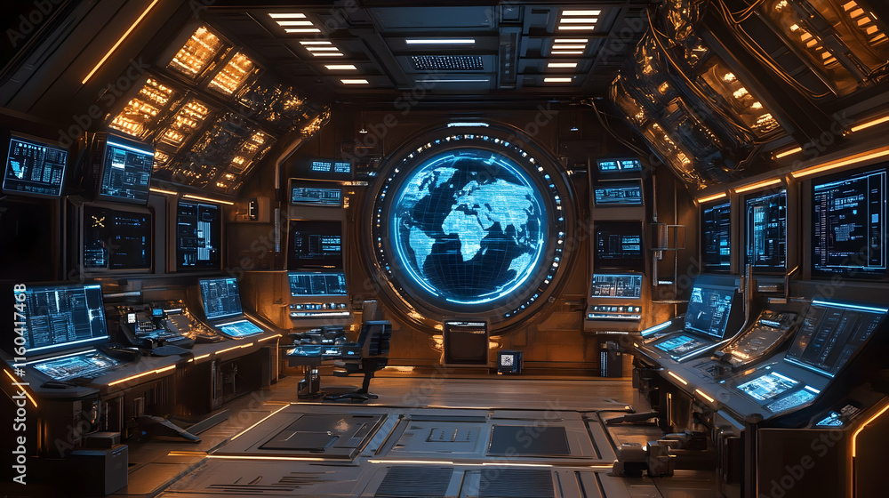 Poster a high-tech control room featuring screens and a large globe display.