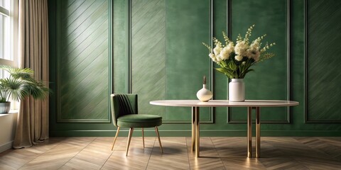 Elegant Oval Table Setting with Green Velvet Chair and Floral Arrangement in a Room with Green Walls