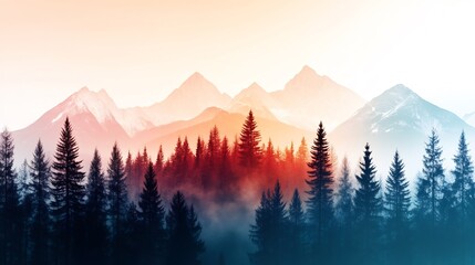 Obraz premium Stunning Digital Painting: Serene Mountain Forest at Sunrise. AI Generated