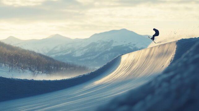 A snowboarder catching air in the middle of a half-pipe, with snow flying off the edge and a vivid mountain landscape in the background, capturing the excitement of World Snowboard Day, 