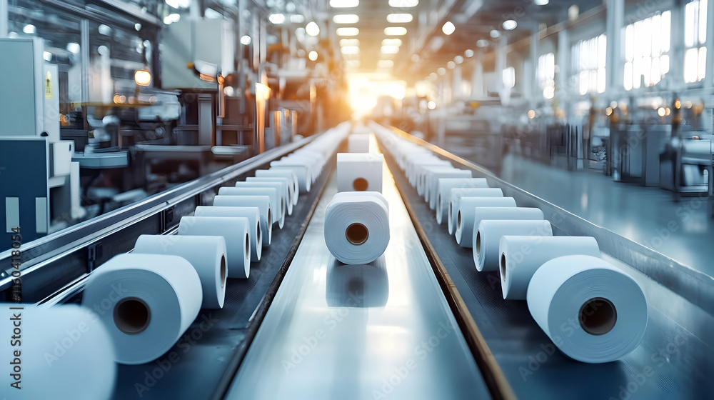 Poster paper rolls move on conveyor belt in modern factory with bright sunlight efficiently and systematica