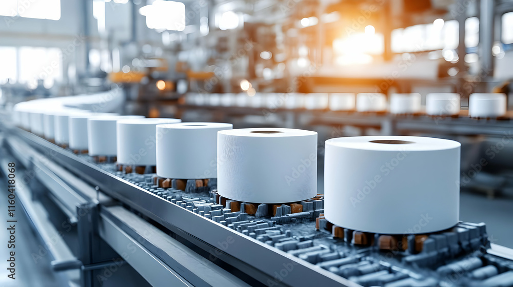 Poster paper rolls move on conveyor belt in factory efficiently and precisely during production process