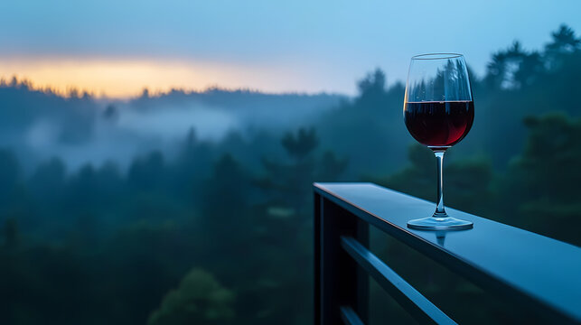 Glass of wine, elegant style, on a deck with a stunning view of a misty forest at sunset