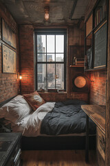 Photographie intérieure studio étudiant style industriel, murs en briques apparentes, cadre de lit en métal noir, bureau en bois récupéré, éclairage minimaliste, pour une ambiance urbaine et tendance
