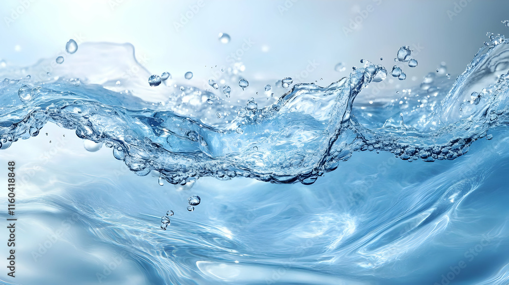 Poster clear water splashes and creates bubbles dynamically on a soft blue background.