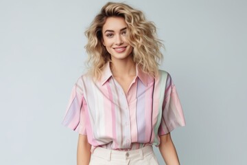 A woman with blonde hair is wearing a pink and white striped shirt