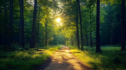 Obraz premium Sun-Drenched Forest Path Winding Through Lush Greenery at Dawn Peacefully Inviting Exploration