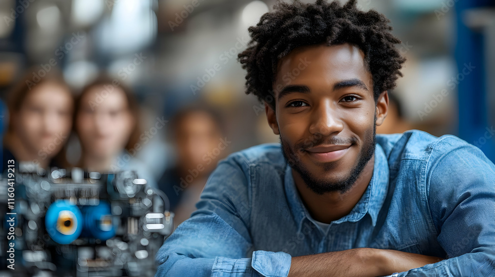 Poster portrait of a young engineer smiling confidently in a modern high-tech factory setting