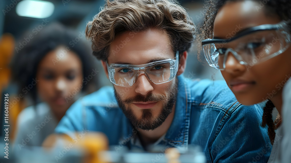 Poster engineers focus on project with safety goggles in the technology lab with precision and expertise.