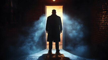 Obraz premium Silhouetted Figure Stands in Doorway with Smoke and Light, Creating a Dramatic Scene