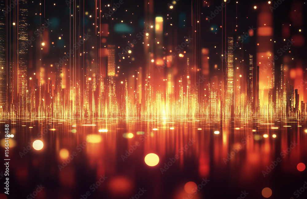 Poster 4-abstract cityscape background featuring bokeh lights and glowing neon effects on a dark red gradie
