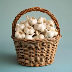 A wicker basket full of fresh garlic bulbs.