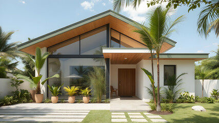 Fototapeta premium house project natural materials light colours glass modern style tropical plants sustainable building solar panels green roof light colours pitched roof big site