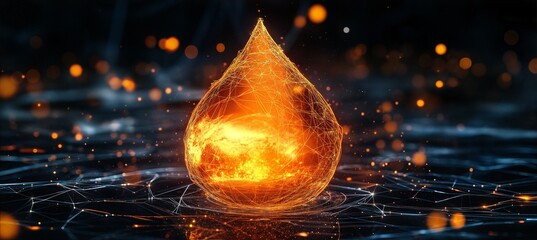 Glowing orange drop on a dark background – digital art and futurism