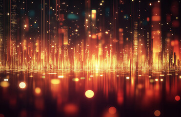 Obraz premium 4-Abstract cityscape background featuring bokeh lights and glowing neon effects on a dark red gradient. Blurry digital city elements with pixel patterns create a vibrant, high-resolution design