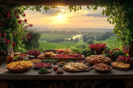 Bountiful Rustic Harvest Spread at Sunset - Generative AI