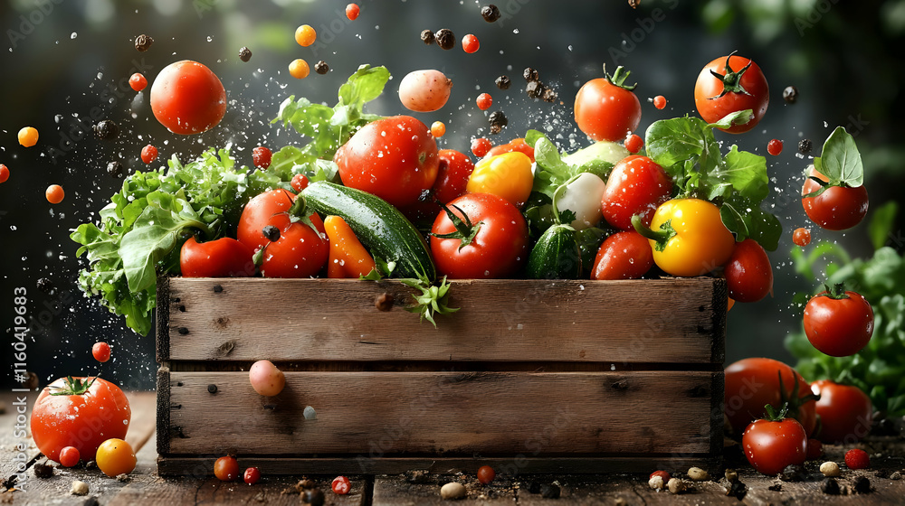 Poster Fresh Vegetables and Spices Dynamically Falling into a Rustic Wooden Crate