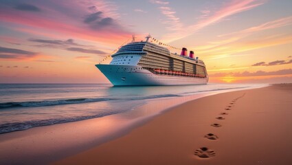 A serene sunset beach view with warm golden sand and gentle waves gently lapping at the shore, featuring a majestic cruise ship majestically sailing in the distance, its towering decks and vibrant fla