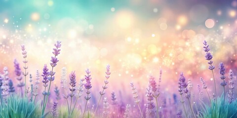 Fototapeta premium Enchanted Lavender Field at Dawn A Dreamlike Pastel Landscape of Blooming Purple Flowers and Soft, Sparkling Light
