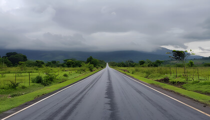 Fototapeta premium Straight highway road with black rain clouds natural landscape before the rainstorm