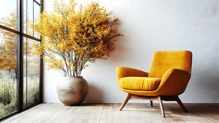 Yellow Armchair Sits by Potted Branches Near Large Window with View of Autumn Trees Gracefully.