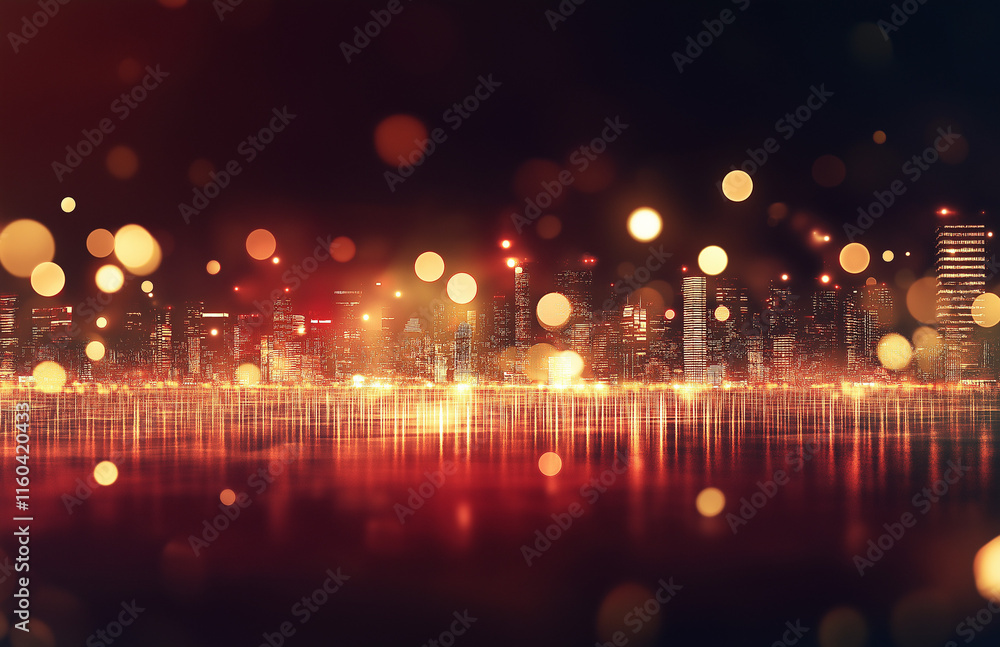 Poster 4-abstract cityscape background featuring bokeh lights and glowing neon effects on a dark red gradie