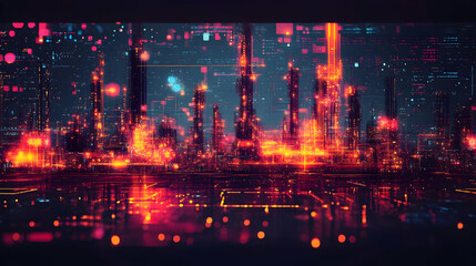 A futuristic cityscape with glowing skyscrapers and digital elements.