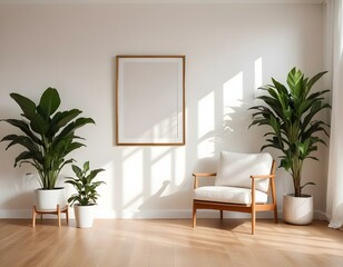 Minimalist Interior Design with Large Golden Frame Mockup and Scandinavian Style Decor