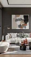 Minimalist, japandi home interior design of modern living room featuring boucle sofa, black modern coffee table, terra cotta accents and contemporary abstract art  on wall