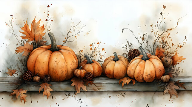 Watercolor Pumpkins and Autumn Leaves Sit Elegantly on Rustic Wood Shelf