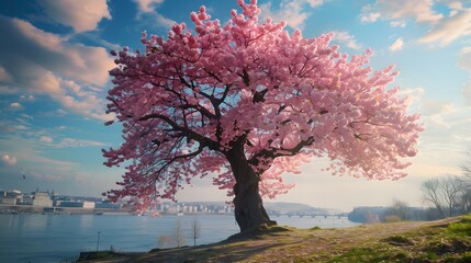 A magnificent and beautiful cherry blossom tree standing alone, with a beautiful view of the city buildings