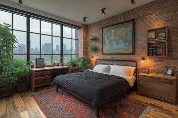 Photographie intérieure studio étudiant style industriel, murs en briques apparentes, cadre de lit en métal noir, bureau en bois récupéré, éclairage minimaliste, pour une ambiance urbaine et tendance